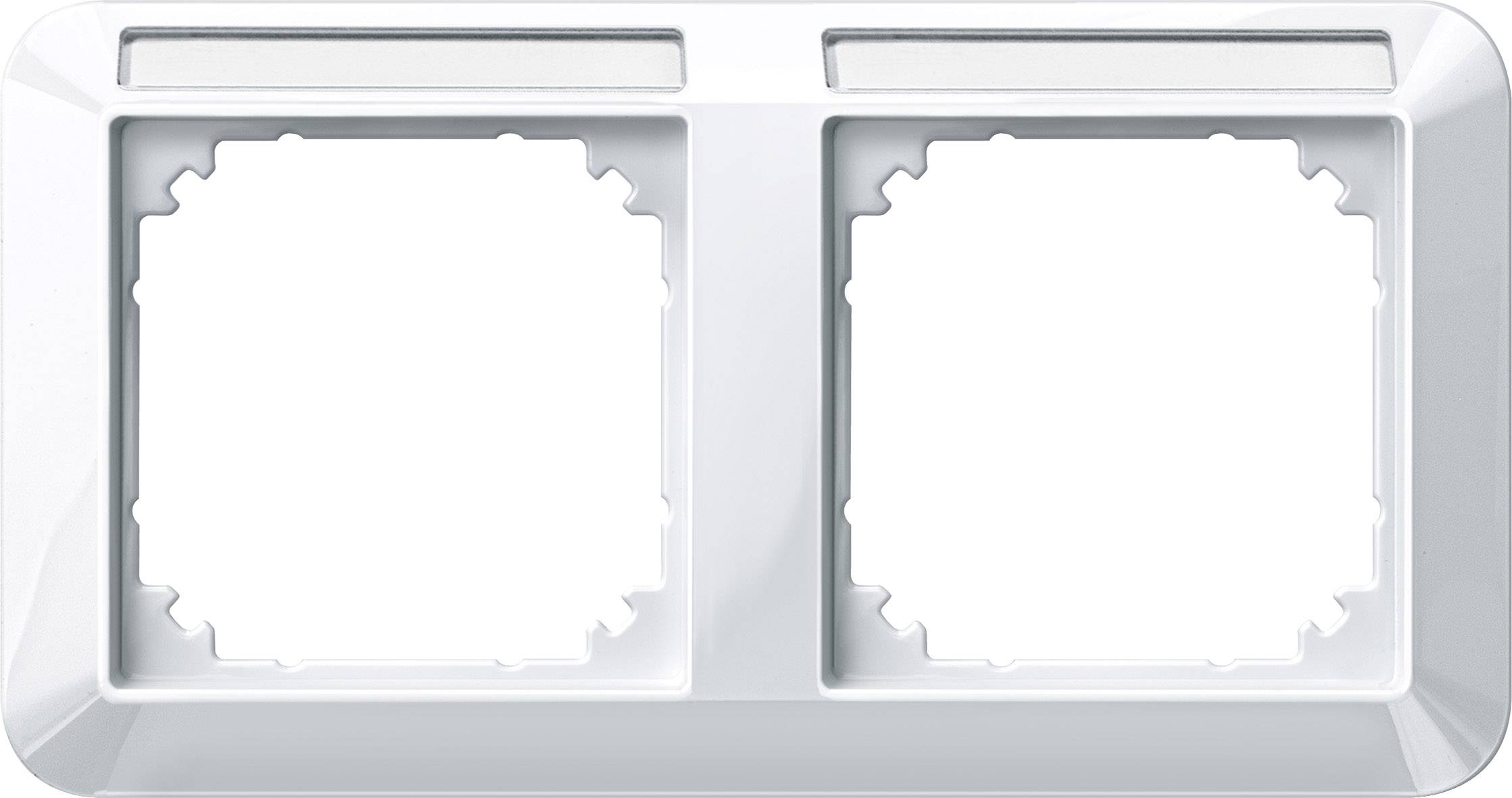 Supporto doppio per cornice di prese elettriche bianco, per interruttori o prese, con tagli squadrati, privo di componenti interni.