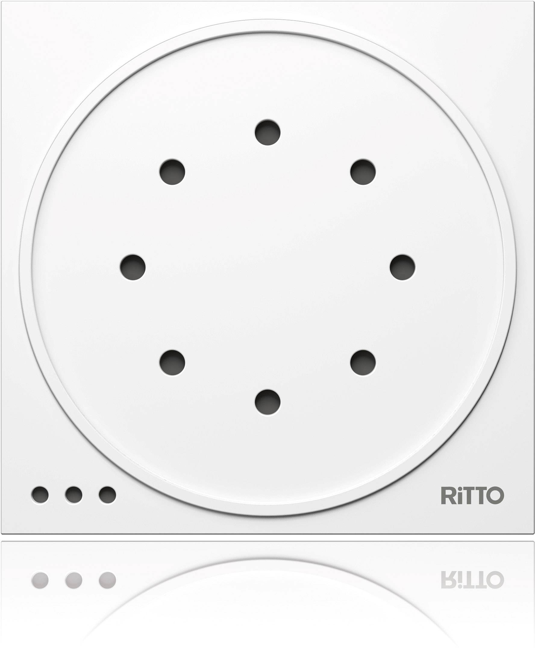 Un altoparlante da porta bianco con fori disposti circolarmente, tre piccoli punti in basso a sinistra e il logo 'RITTO' in basso a destra.