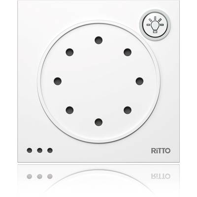 Un interruttore rotondo bianco di Ritto con 8 piccoli fori e un indicatore di lampadina in alto a destra.