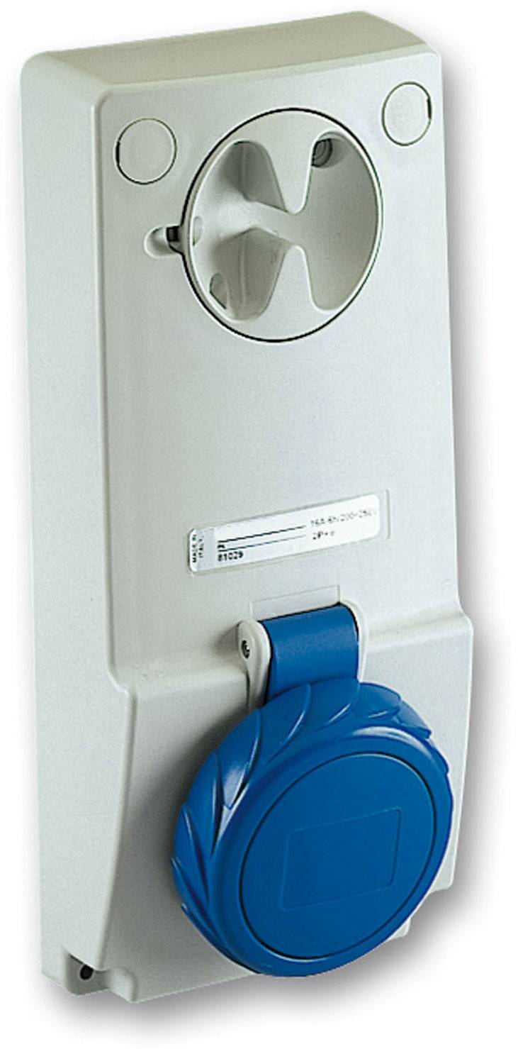 Un connettore elettrico da parete con involucro protettivo blu e un supporto superiore, adatto per applicazioni industriali.