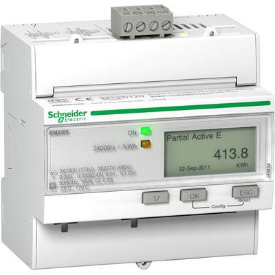 Un contatore elettronico di energia Schneider Electric mostra 413,8 kWh su un display digitale. In alto è presente un interruttore.