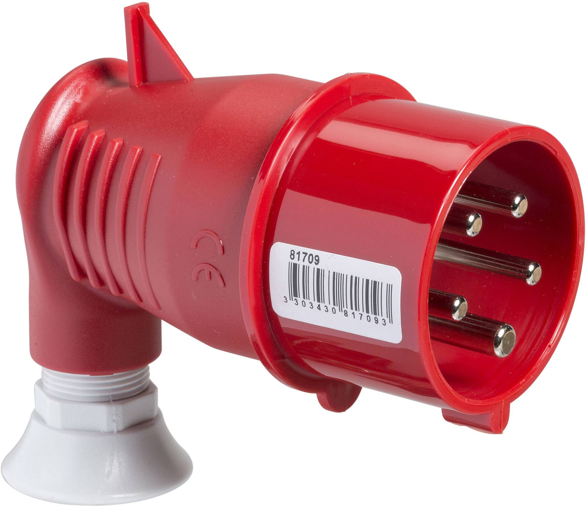 Spina industriale rossa, angolata, con cinque perni metallici e un'estremità bianca in plastica, indicata per applicazioni elettrotecniche.