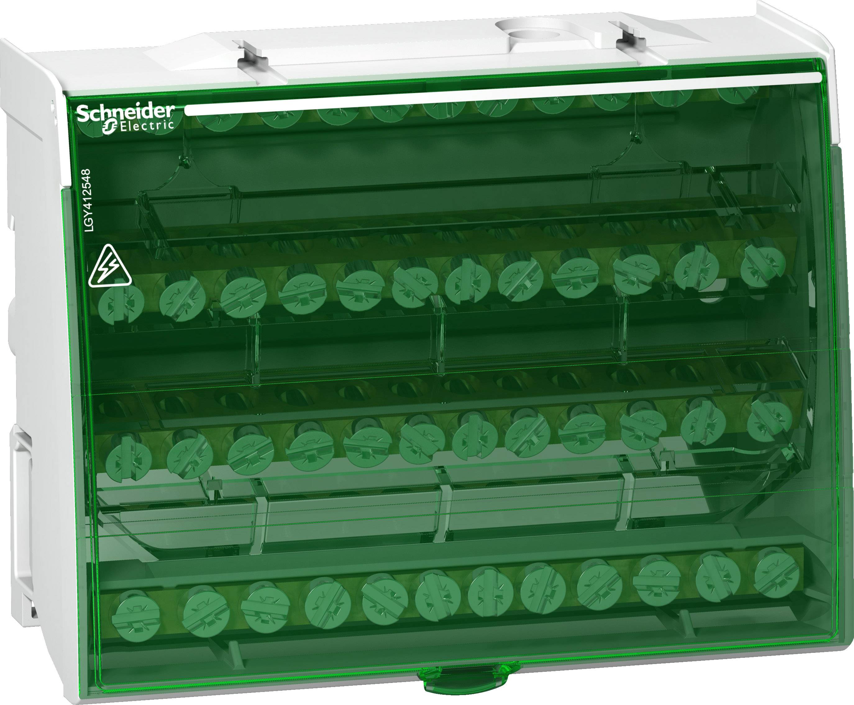 Contenitore di sicurezza verde di Schneider Electric, modello LGB142548, con involucro trasparente, che mostra i circuiti interni.
