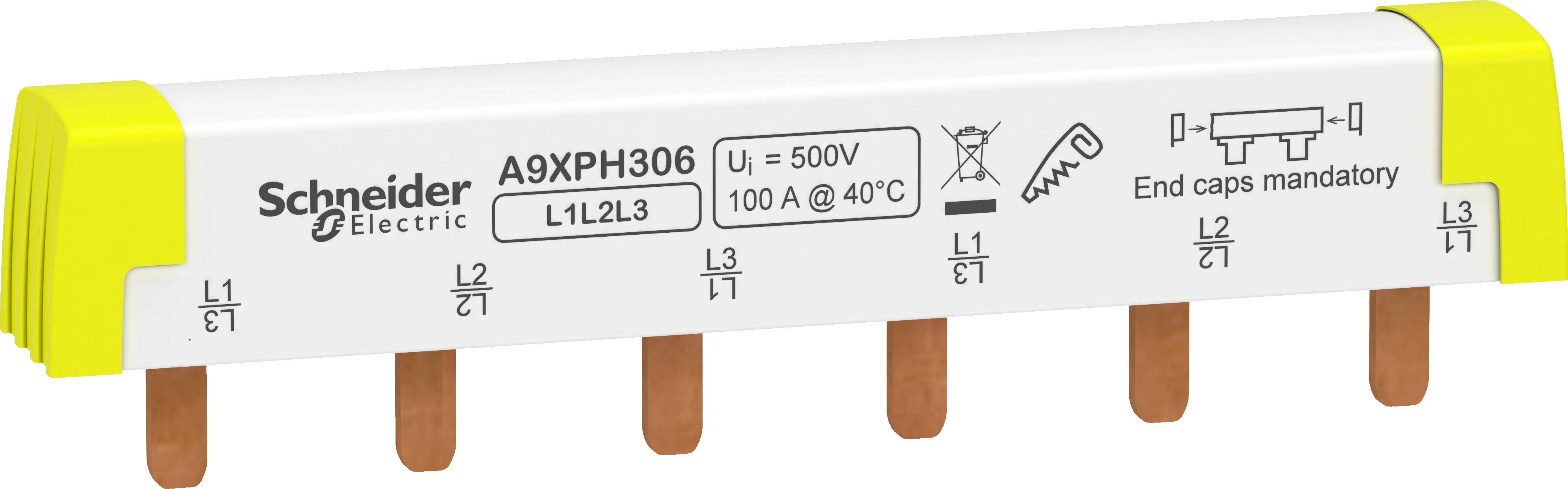 Un connettore di barre collettive di Schneider Electric, modello A9XPH306, con tre conduttori L1, L2, L3, 500V, 100A a 40°C. Terminali di chiusura richiesti.