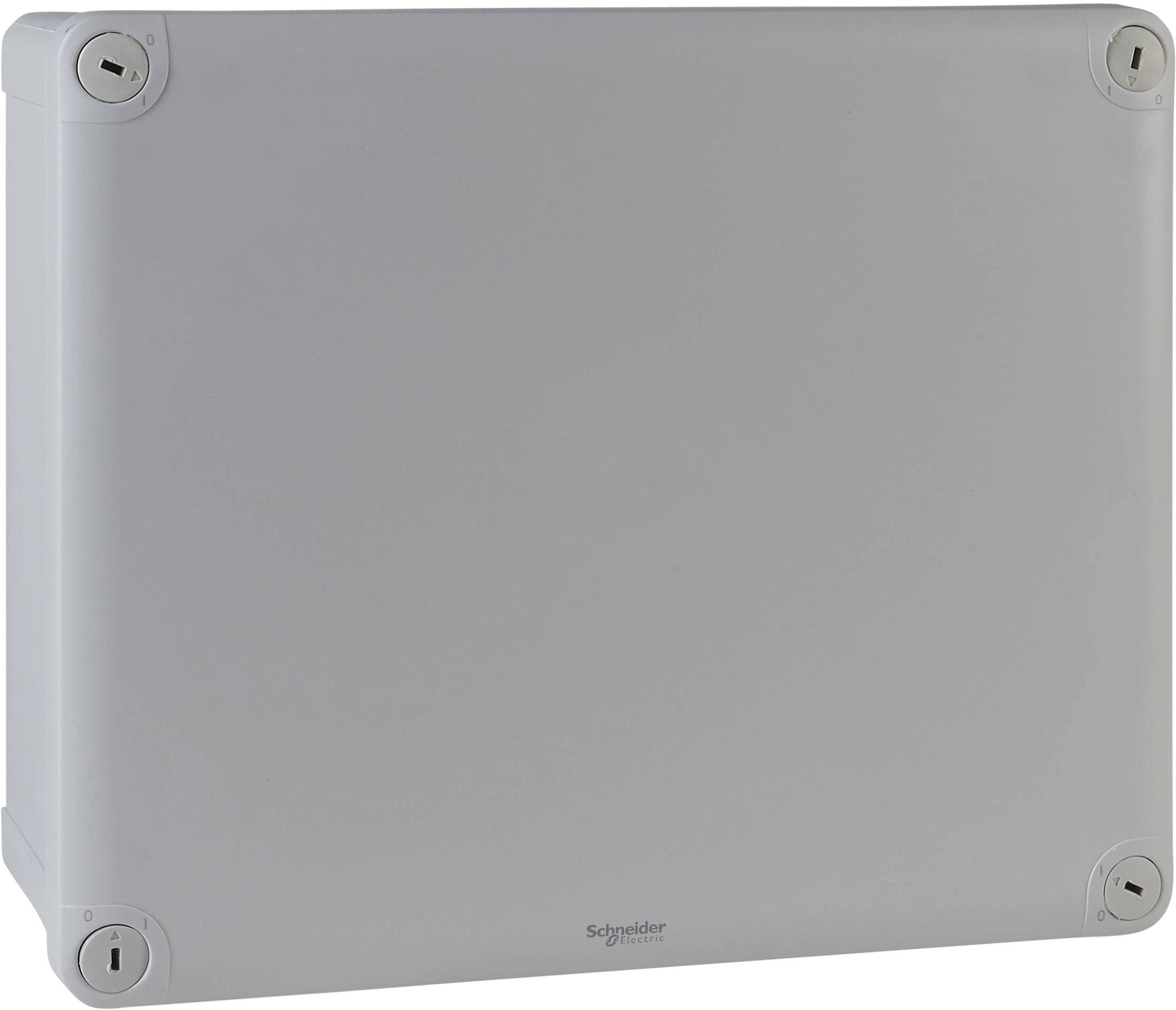 Contenitore elettrico grigio di Schneider Electric con angoli arrotondati e quattro viti agli angoli per il fissaggio.