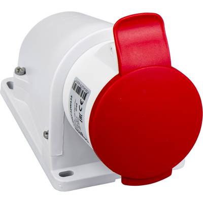 Una presa industriale rossa su sfondo bianco, con involucro e etichetta bianchi, montata su una base bianca.