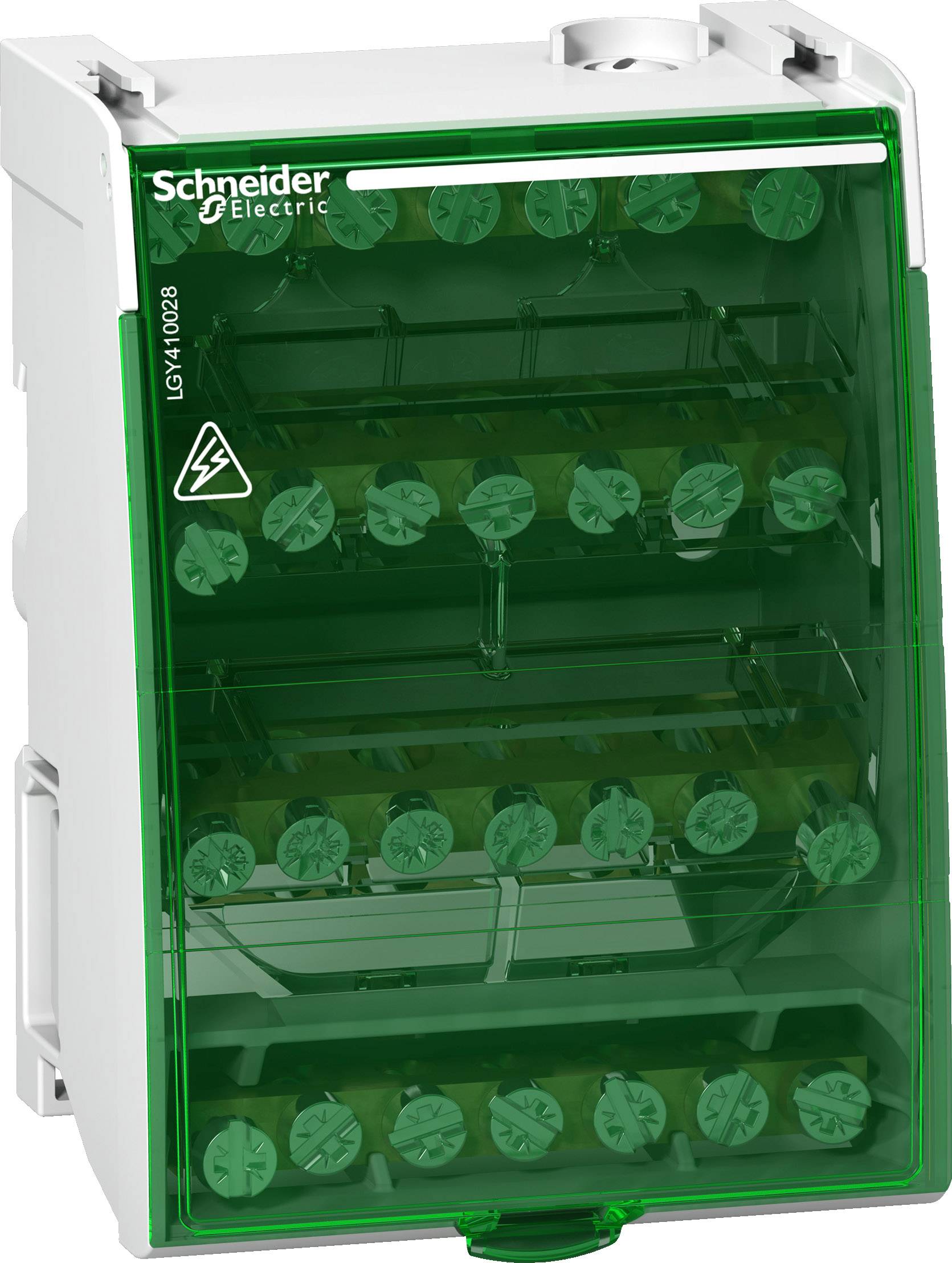 Un blocco valvola verde di Schneider Electric con più connessioni e un simbolo di fulmine che indica la tensione elettrica.