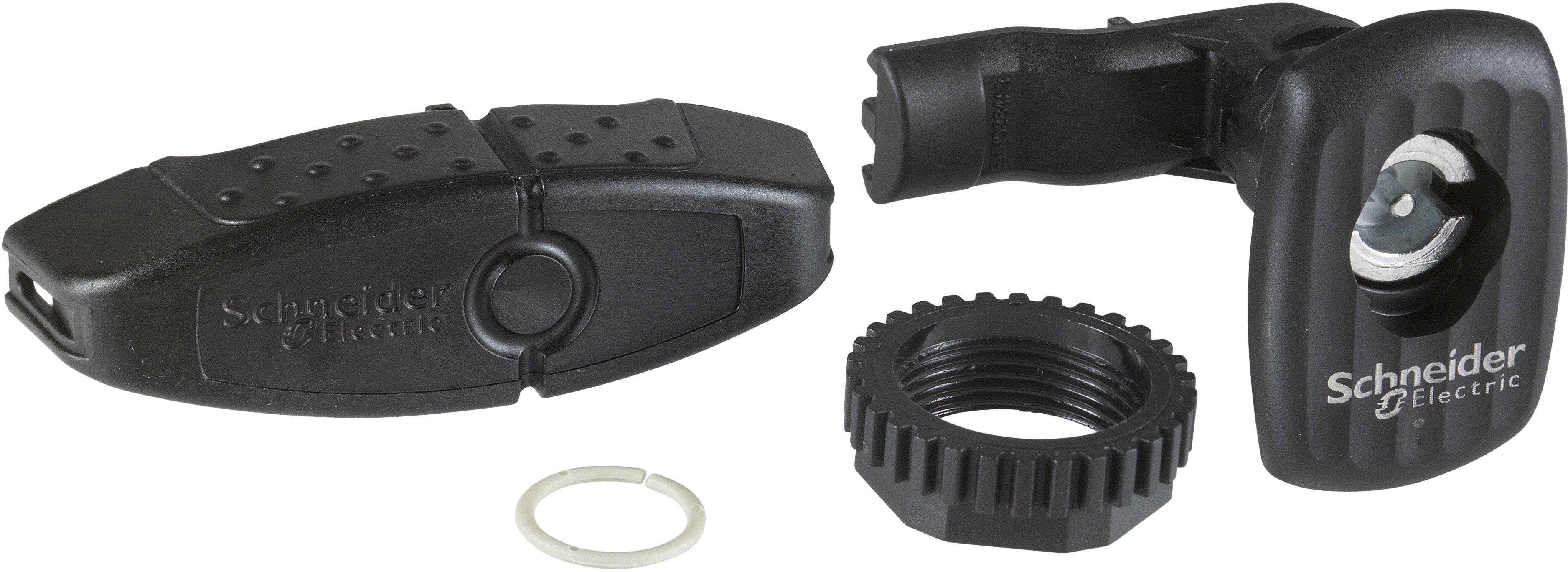 Tre parti di un connettore per cavi in plastica nera di Schneider Electric, composte da un coperchio del contenitore, un pezzo di connessione e un dado filettato.