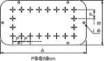 Diagramma di un componente rettangolare con tagli a croce, con quote A, P e distanze più piccole contrassegnate, etichetta 'P5628sm'.