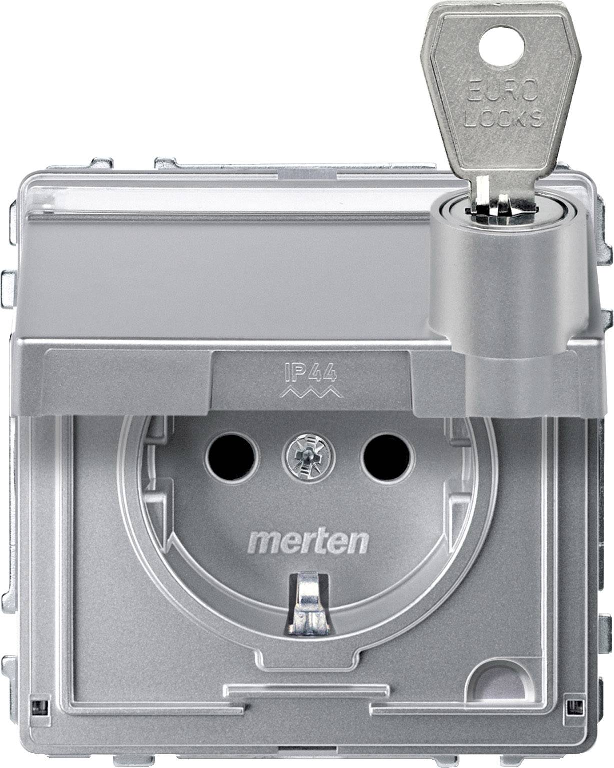 Presa elettrica con sportello di protezione e serratura, IP44, idonea per ambienti esterni, che mostra il marchio 'merten' e un'etichetta con la scritta 'EURO LOCKS'.
