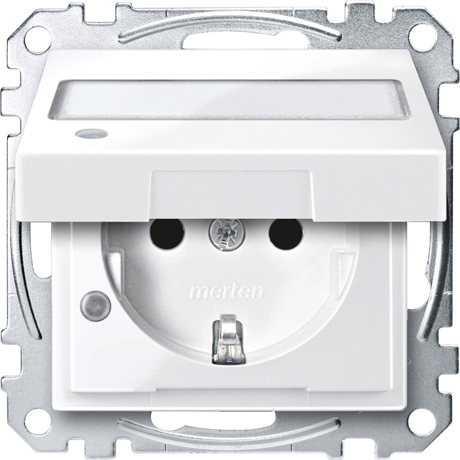 Presa Schuko con luce notturna LED integrata, facilmente accessibile per il montaggio a parete. Parte di un sistema di tecnologia per edifici.