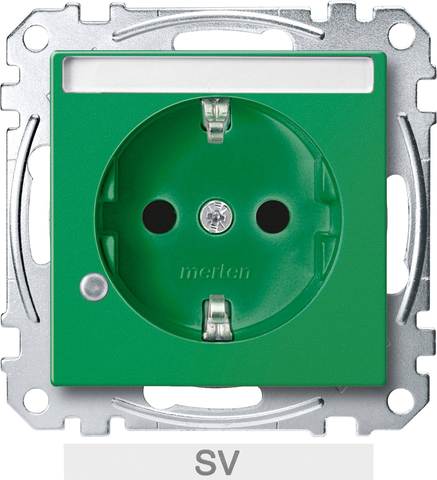 Presa elettrica schuko verde con placca singola, cornice color argento-grigio e piccolo indicatore LED sul lato sinistro.