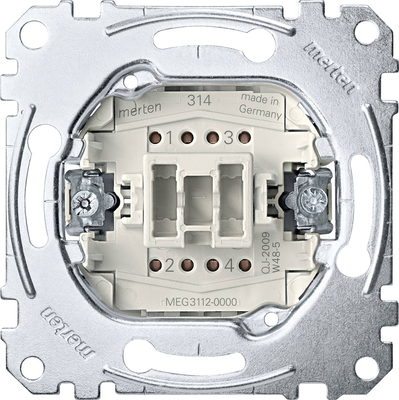 Modulo interruttore luce Merten, quadrato con contatti a vite, in metallo, senza coperchio. Realizzato in Germania, numero di modello stampigliato.