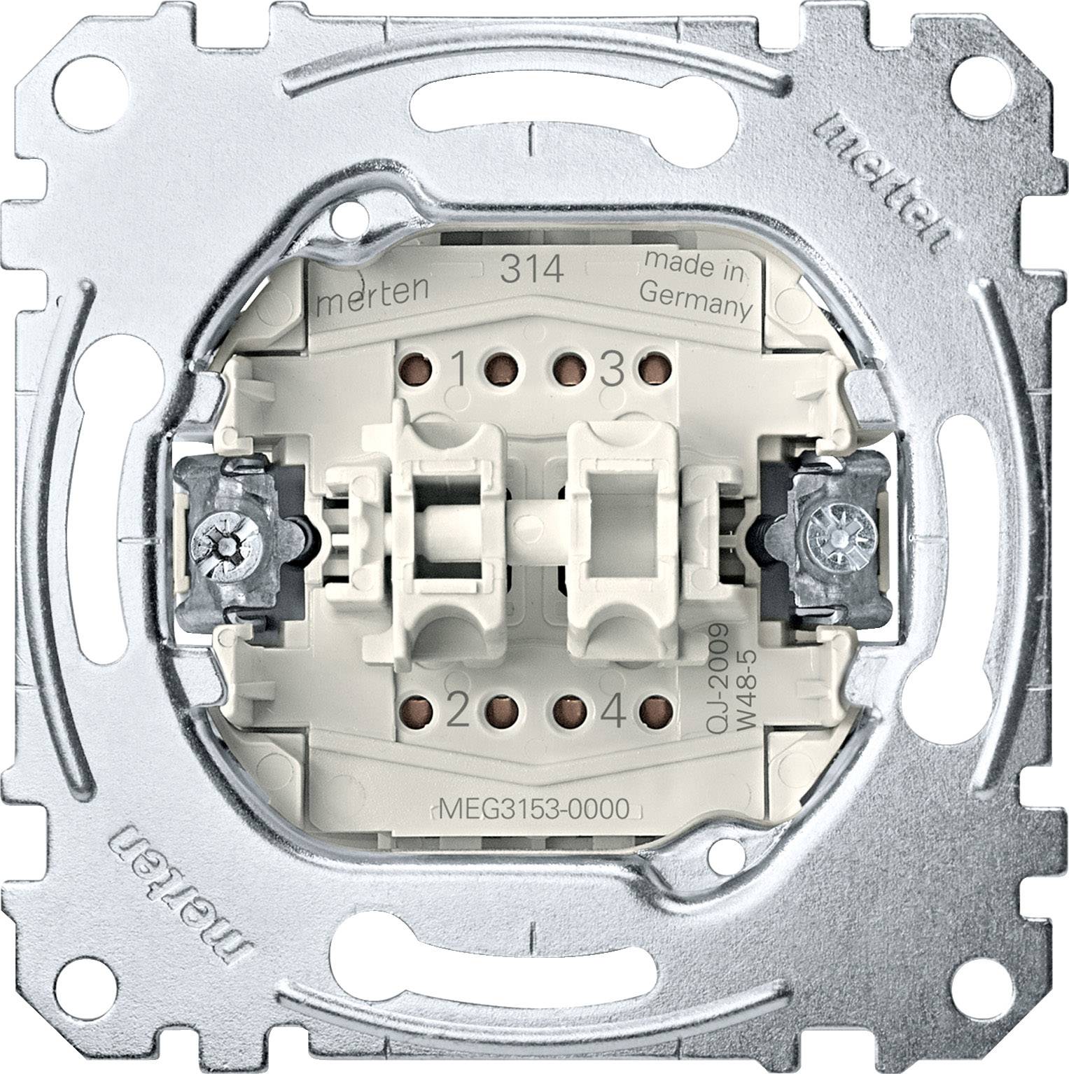 Interruttore Merten, modello 314, con morsetti a vite, contrassegnato "made in Germany", senza coperchio.