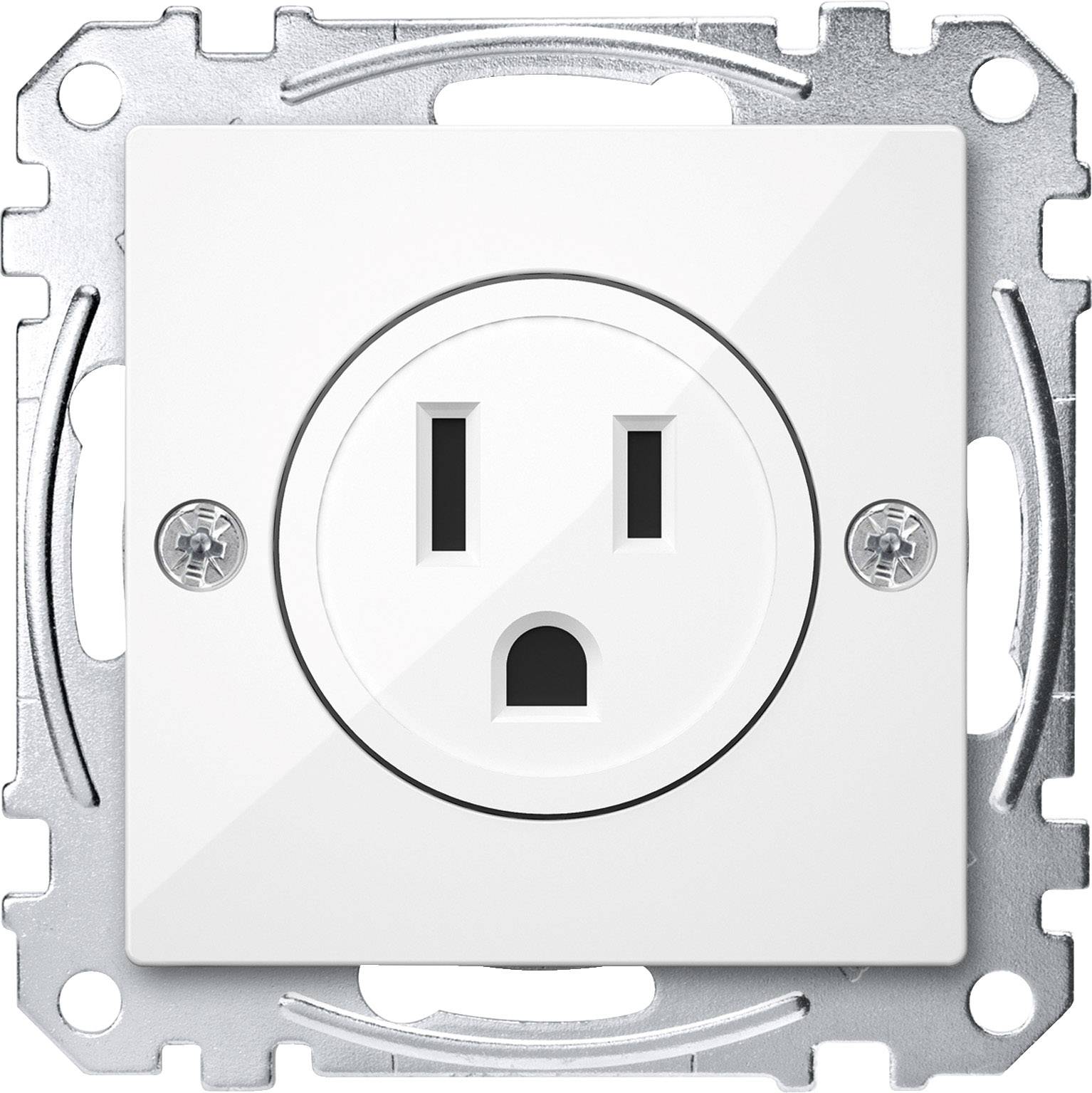 Presa elettrica bianca su piastra metallica, montata centralmente, con due fessure verticali e un foro rotondo sotto di esse.