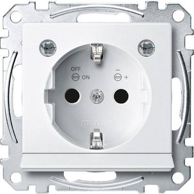 Presa elettrica bianca con interruttore nel centro, contrassegnata con 'OFF', 'ON', '+' e '-'. È composta da una piastra quadrata in metallo.