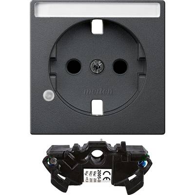 Presa elettrica nera con cornice rettangolare e un foro per il fissaggio. Sotto il basamento dei contatti con marchio CE e dati tecnici.