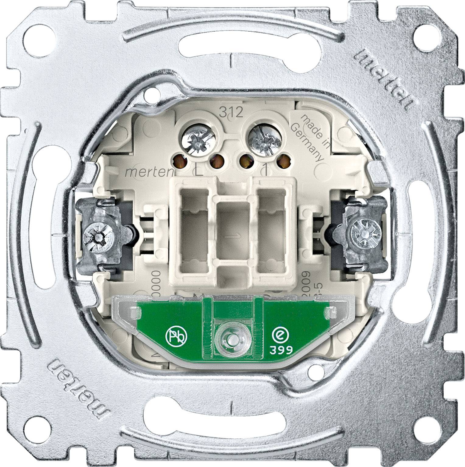 Un inserto interruttore meccanico con cornice in metallo e connessioni a vite, idoneo per l'installazione in sistemi elettrici.
