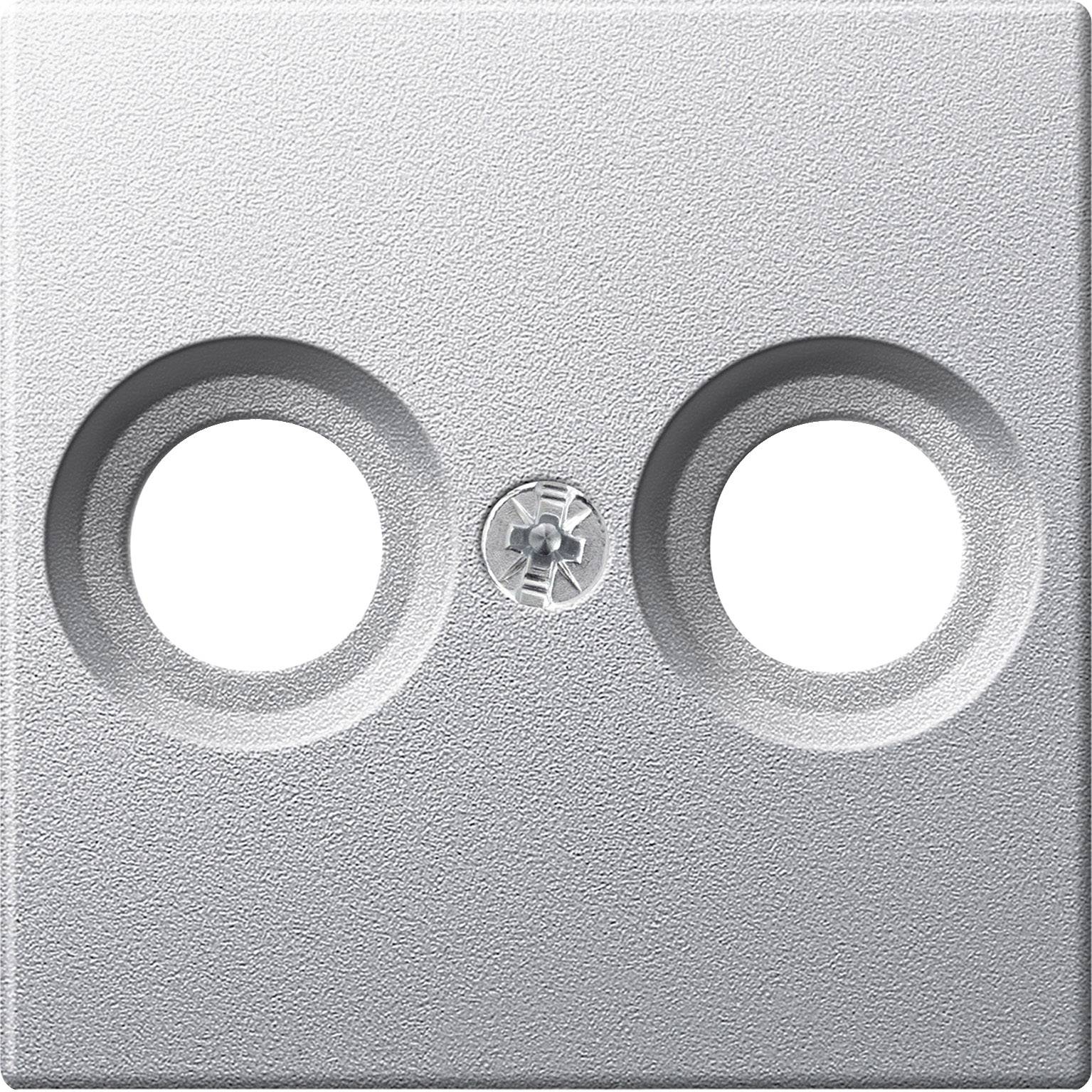 Coperchio argentato per presa elettrica con due fori rotondi, adatto per spine standard europee.