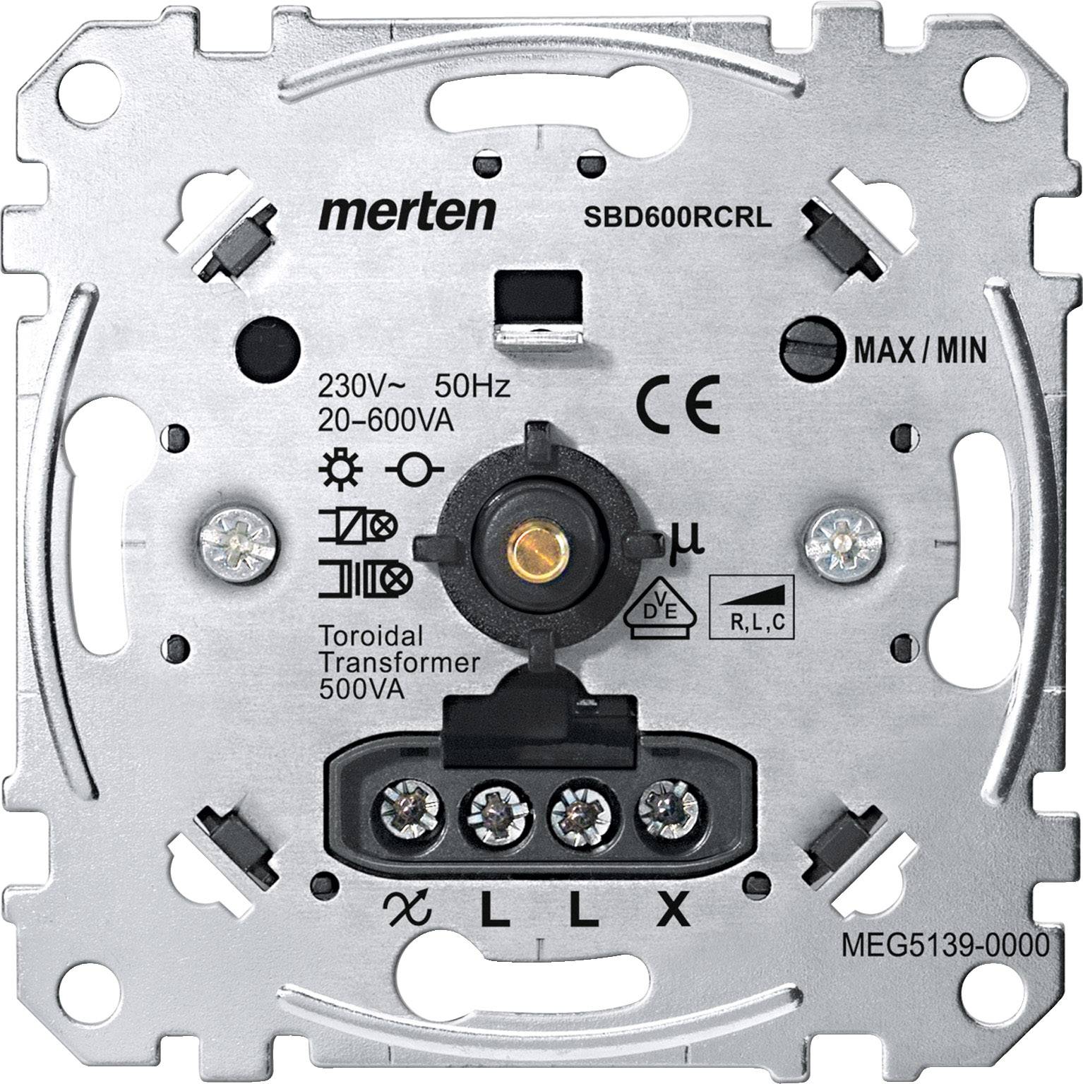 Interruttore dimmer con scritta 'merten', '230V~ 50Hz', '20-600VA', '500VA'. Simboli: CE, Max/Min, connessioni elettriche in basso.