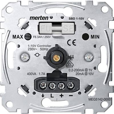 Dimmer elettrico 1-10V di Merten per regolare l'intensità luminosa. Mostra i morsetti di connessione e il fusibile.