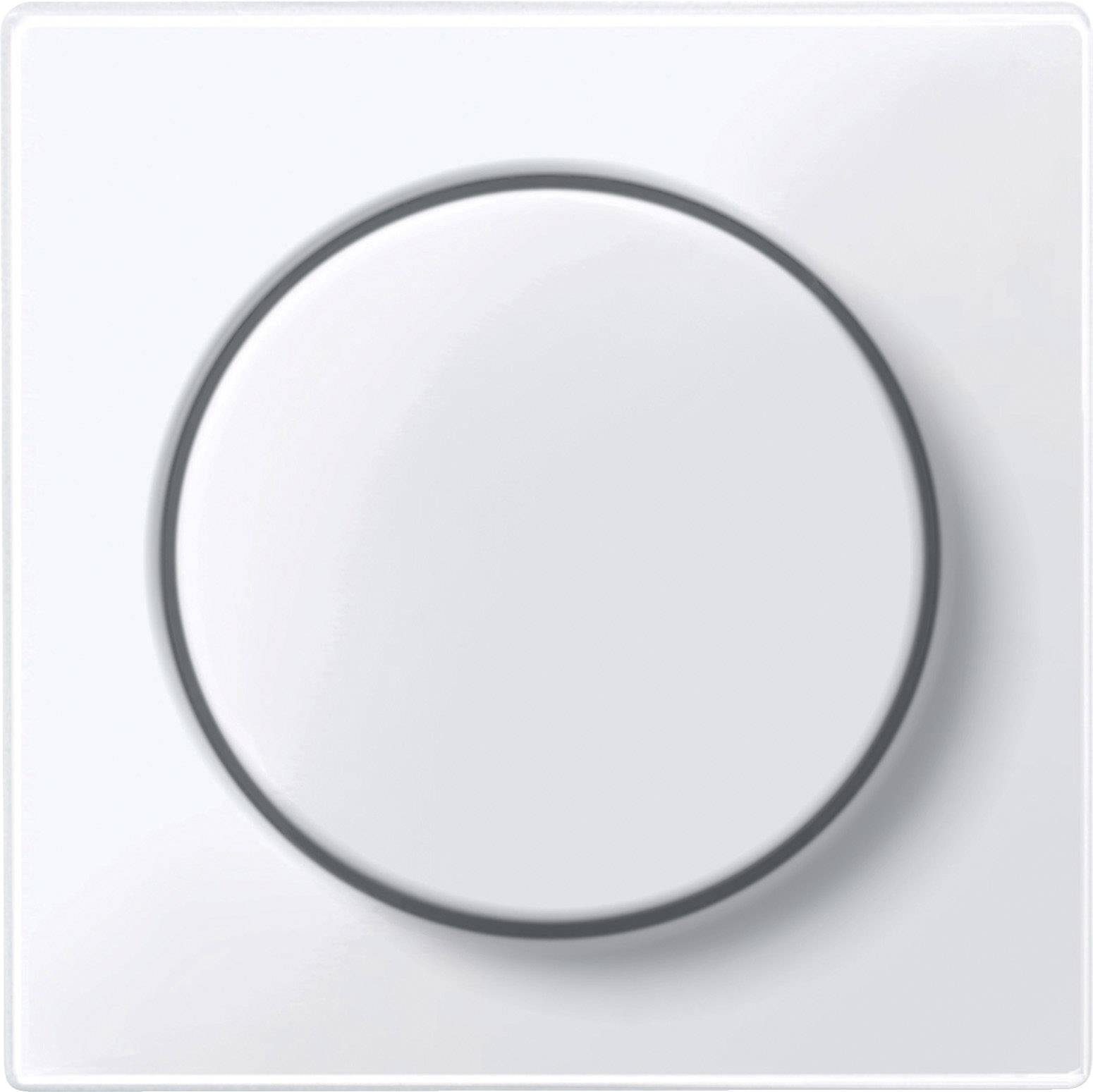 Un interruttore rotondo, bianco, nella posizione "spento". Design essenziale con un'ombra delicata.