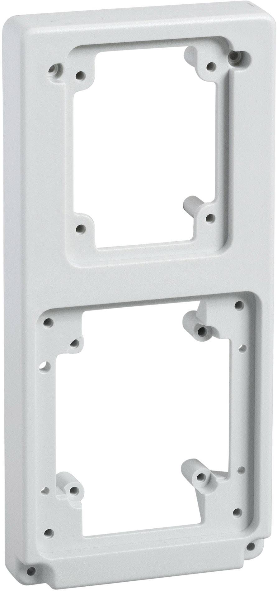 Involucro grigio con due rientranze rettangolari per il fissaggio di dispositivi, idoneo per l'utilizzo in installazioni elettroniche.