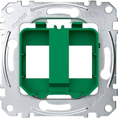 Supporto per prese elettriche in metallo con inserto verde, adatto per due prese. Contrassegnato in alto con 'top', 'oben' e 'merten'.