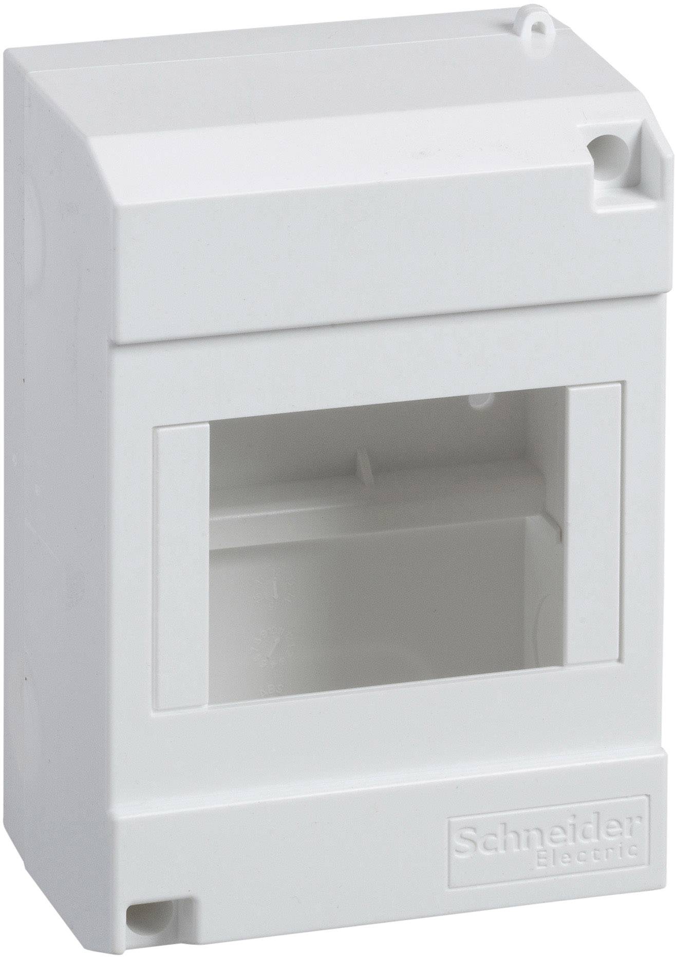 Un involucro vuoto bianco in plastica per installazioni elettriche, rettangolare, con un'apertura rettangolare sulla parte frontale.