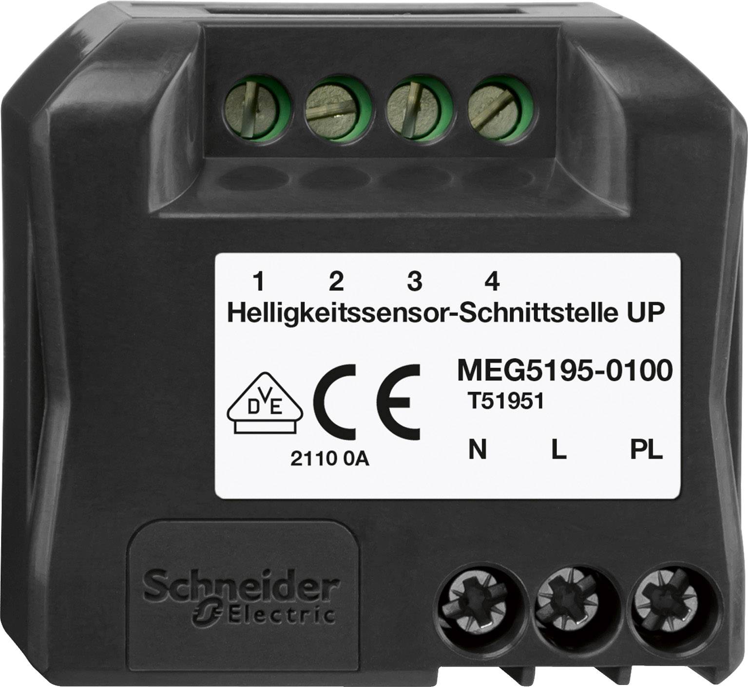 'Schneider Electric Sensore di luminosità interfaccia UP', Connettori 1-4 in alto, Numero modello MEG5195-0100, Marcatura CE.