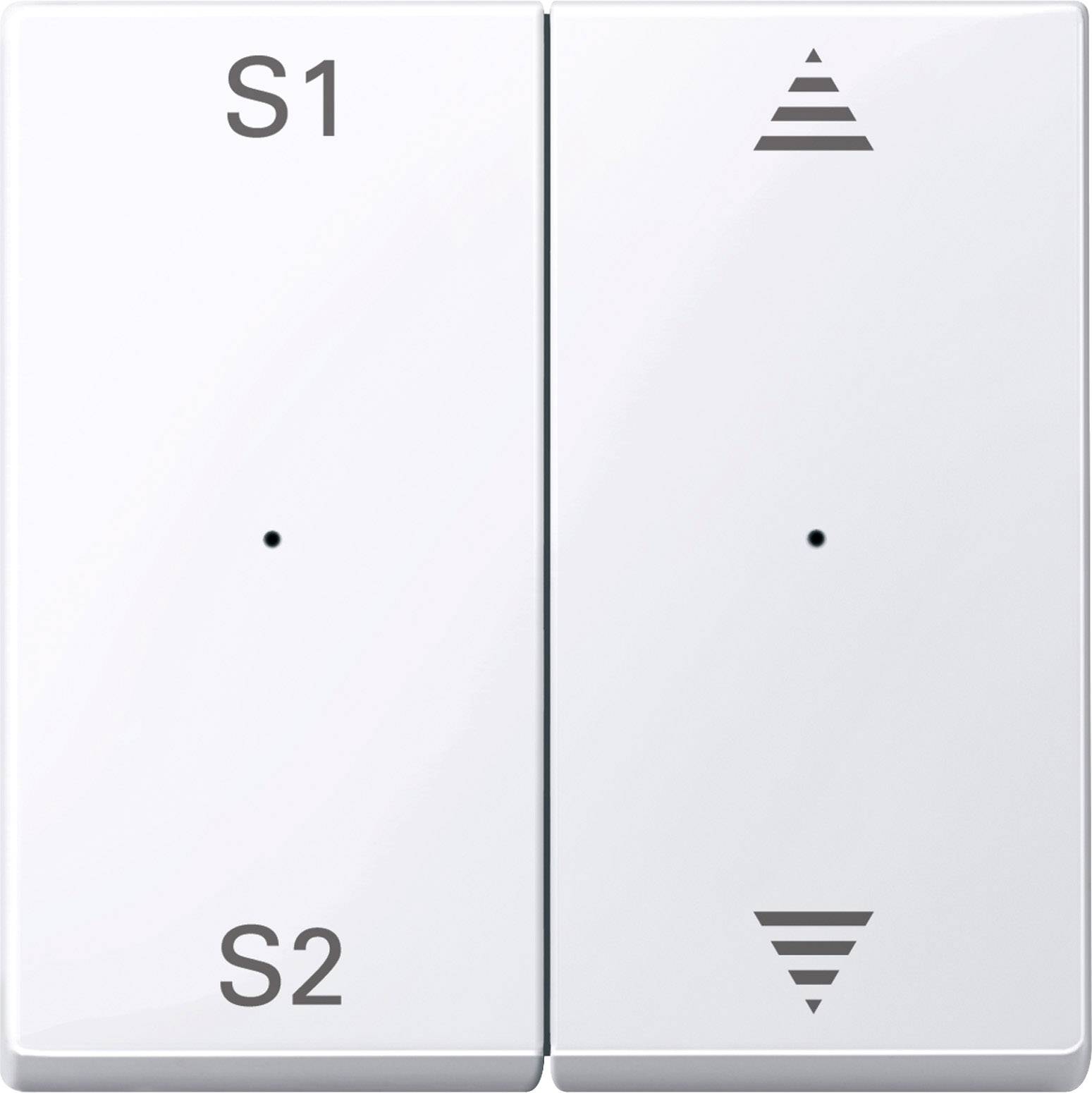 Un interruttore doppio bianco. A sinistra sono etichettati 'S1' e 'S2', a destra ci sono frecce rivolte verso l'alto e verso il basso per il movimento di salita e discesa.