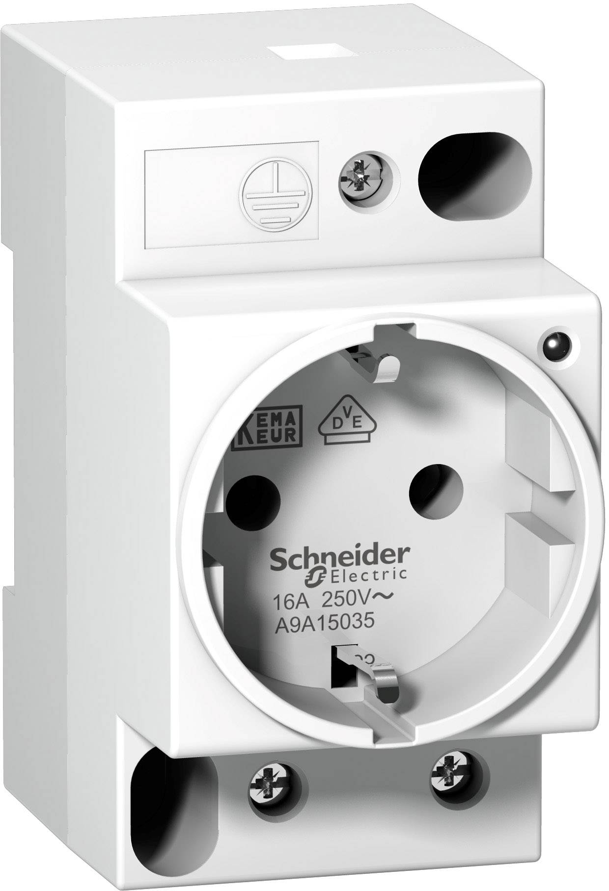 Presa elettrica Schneider Electric, modello A9A15035, da 16A, 250V~. Colore bianco, logo del marchio e specifiche tecniche.