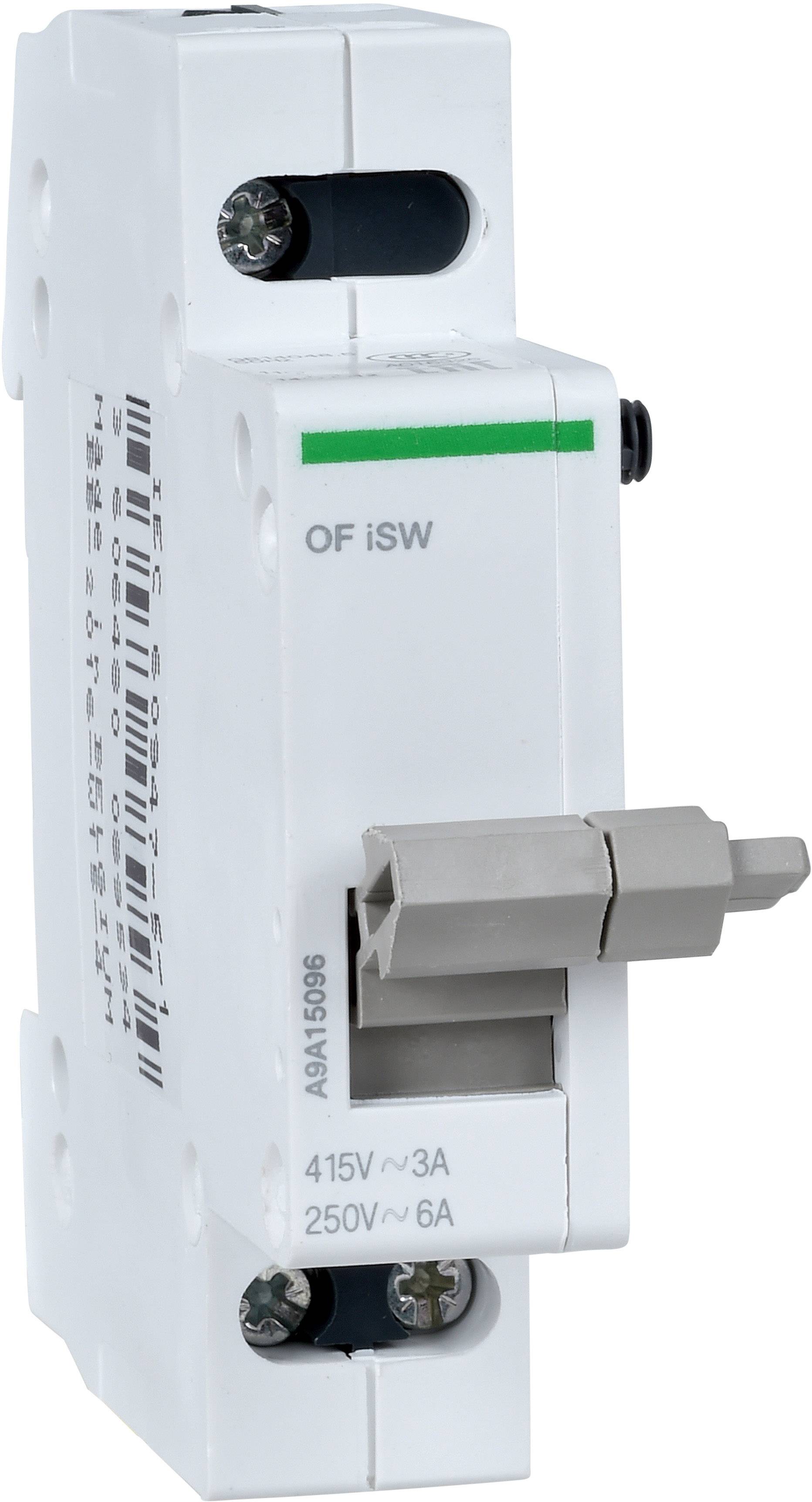 Un interruttore automatico bianco con interruttore a leva, classificato per 415V~/3A e 250V~/6A. Utilizzato per interrompere il flusso di corrente.