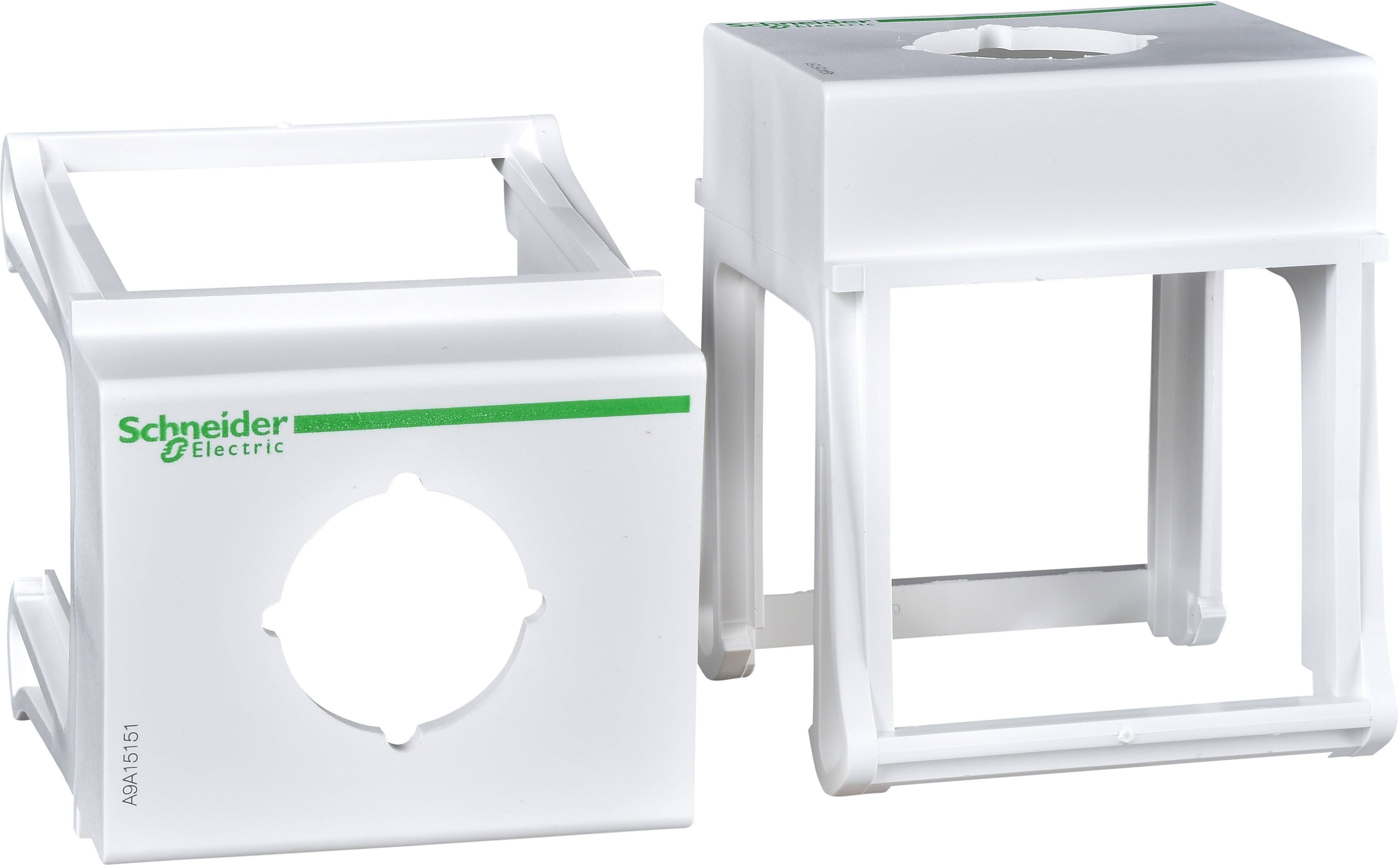 Due involucri elettrici bianchi di Schneider Electric, con fori circolari per il montaggio degli interruttori, mostrano il logo del marchio.