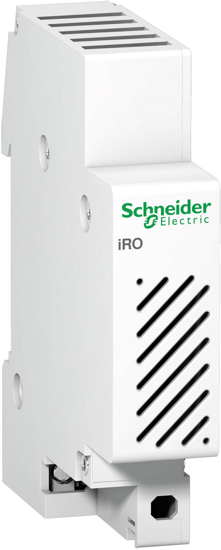 Un dispositivo elettrico bianco di Schneider Electric con fessure di ventilazione, idoneo per il montaggio su guida DIN.