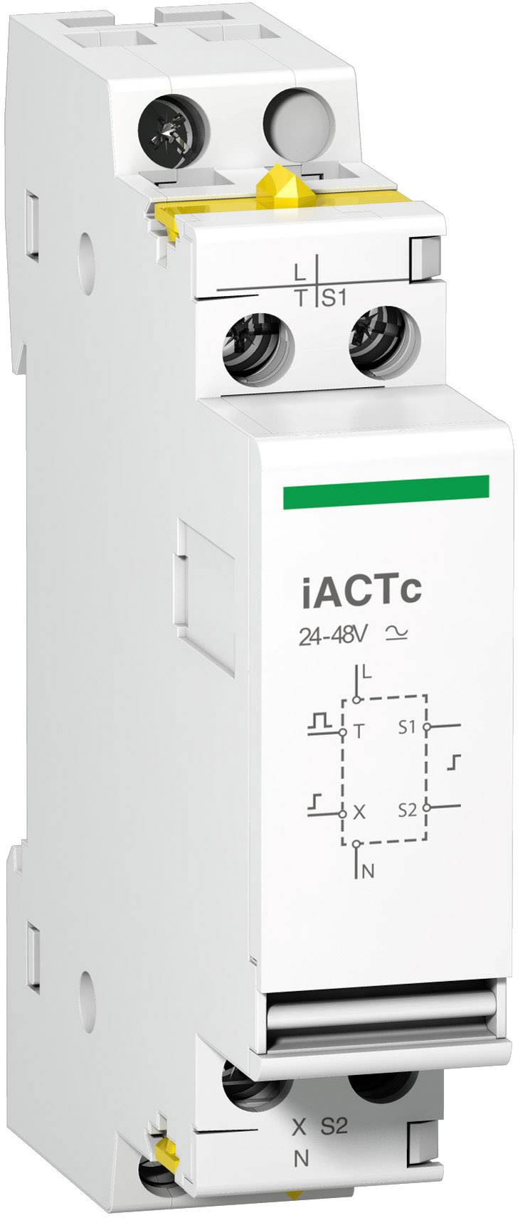 Un relè elettrico bianco con la scritta 'iACTc 24-48V AC'. Il componente mostra diversi morsetti di connessione sia nella parte superiore che in quella inferiore.