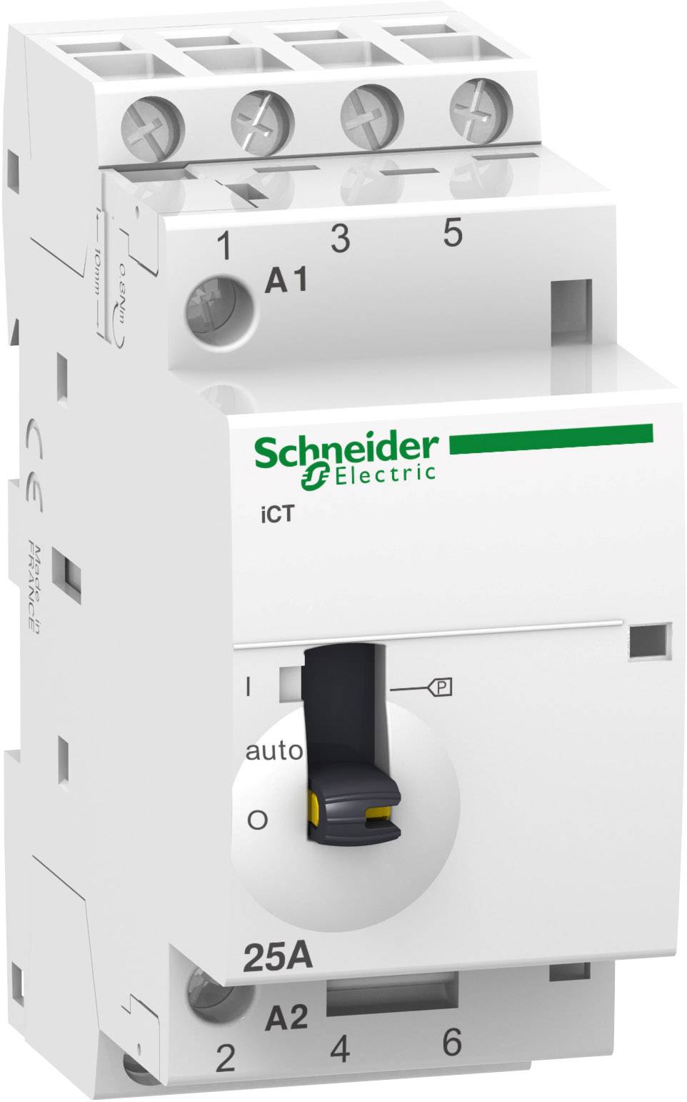 Un interruttore automatico elettrico di Schneider Electric con una leva nera e contrassegnato per 25 ampere.