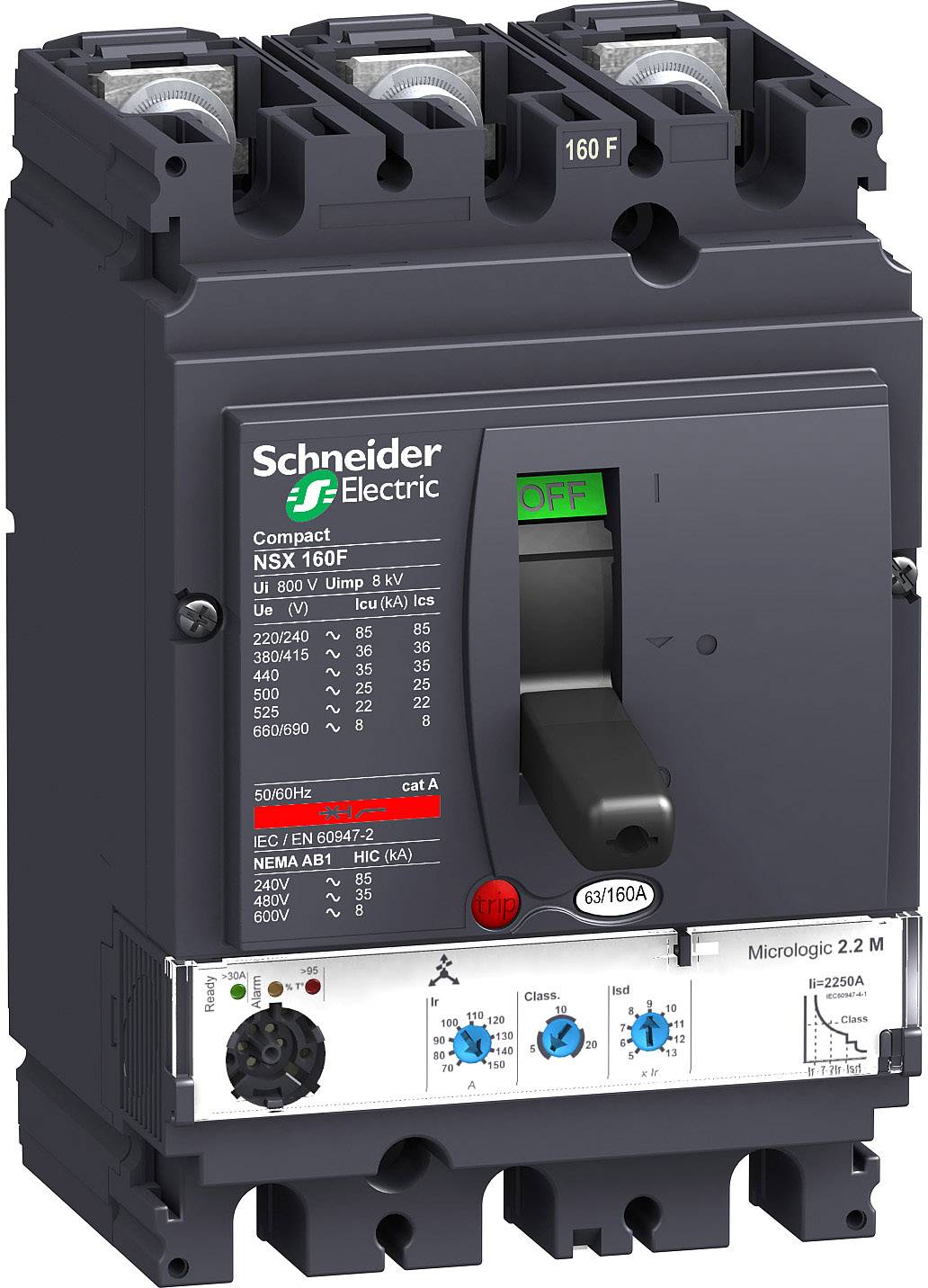 Interruttore automatico compatto ComPact NSX160F con Micrologic 2.2 3P3D 57-160A, 36kA/415V AC.
