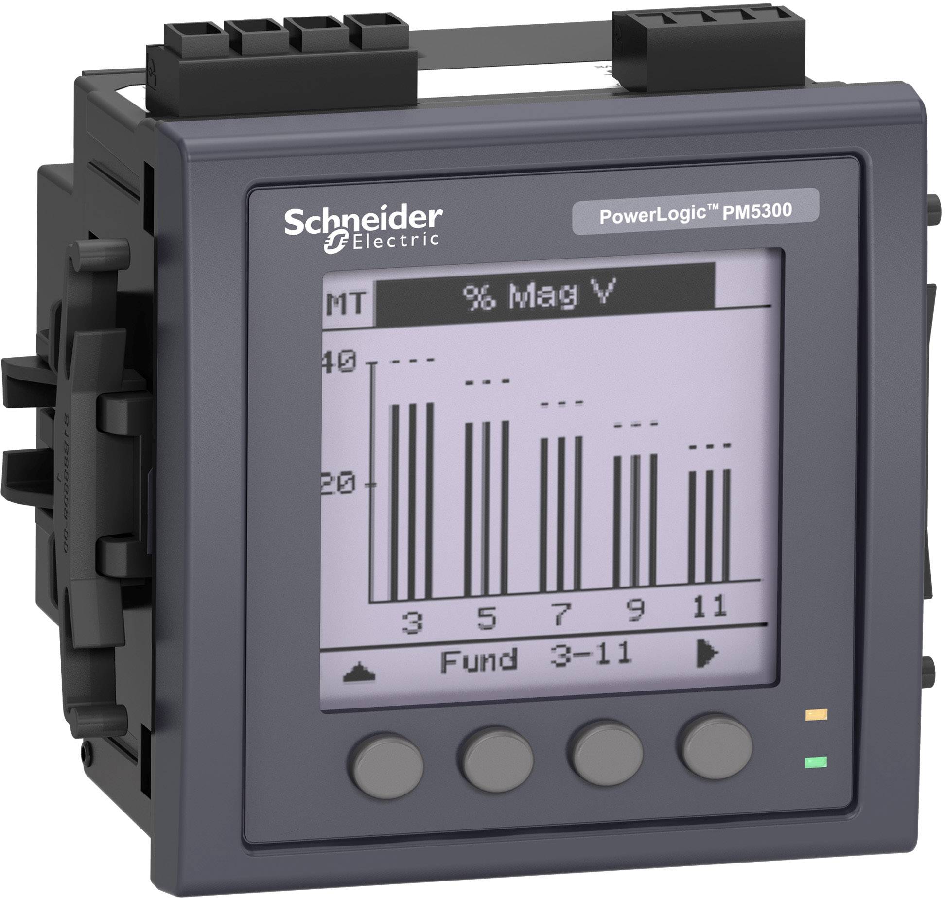 Un dispositivo di misurazione digitale di Schneider Electric mostra un diagramma con tensione in percentuale. Ha tasti di controllo sul lato frontale.