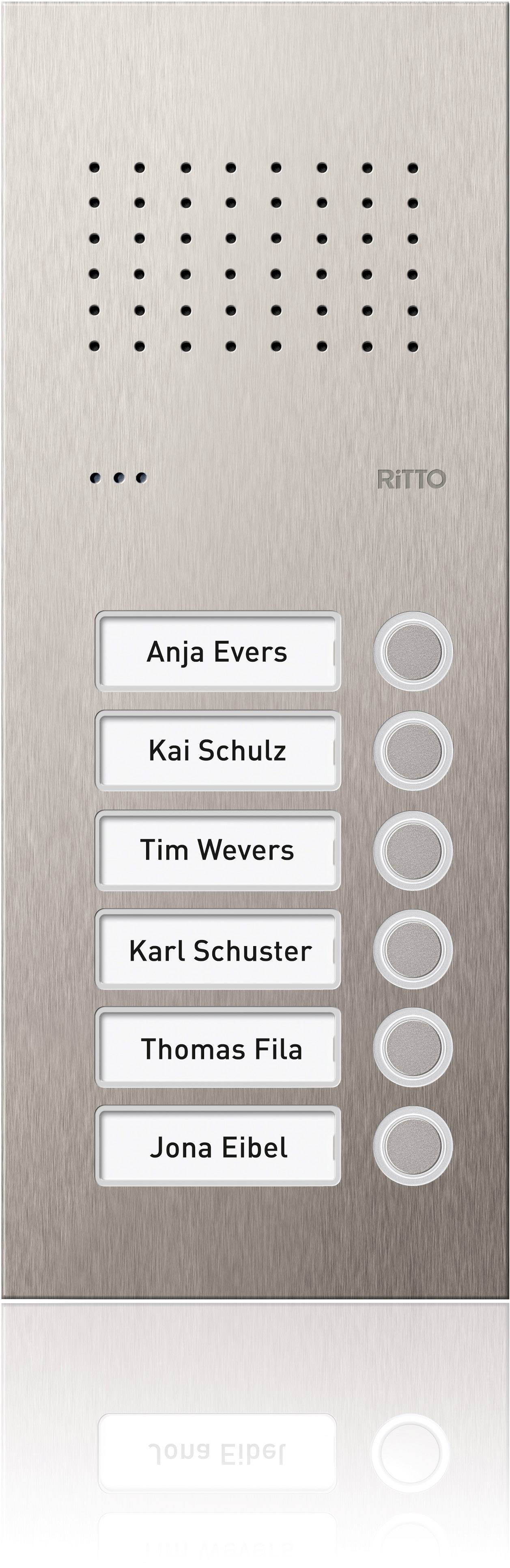 'Interfono con sei tasti nominativi: Anja Evers, Kai Schulz, Tim Wevers, Karl Schuster, Thomas Fila, Jona Eibel.'