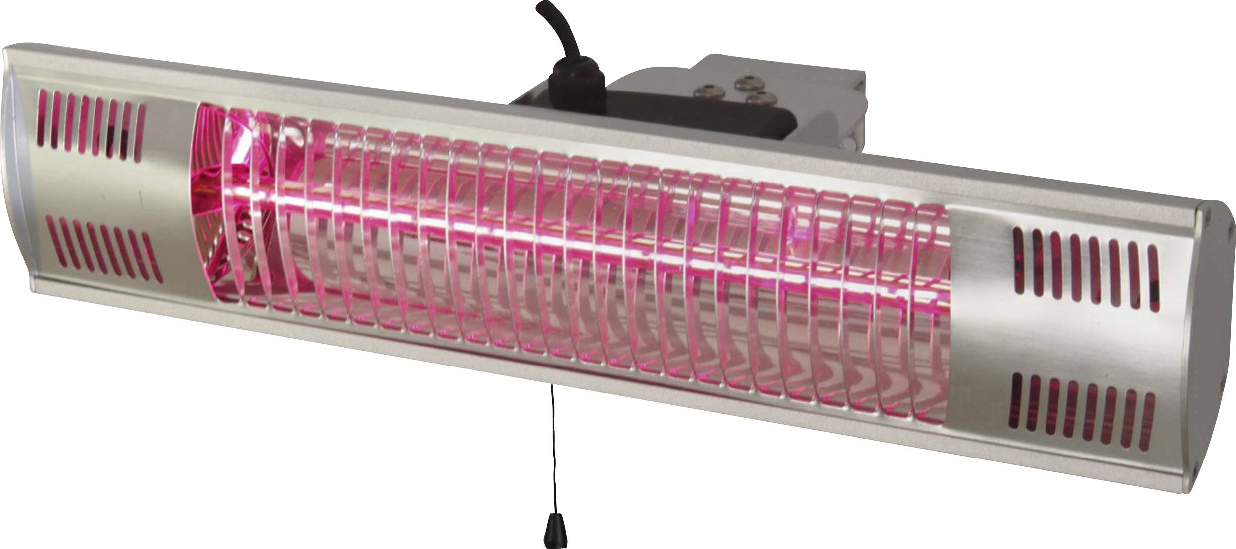 Riscaldatore a infrarossi color argento con barre riscaldanti rosse, adatto per spazi all'aperto. Dotato di interruttore a tirante per la funzione on/off.