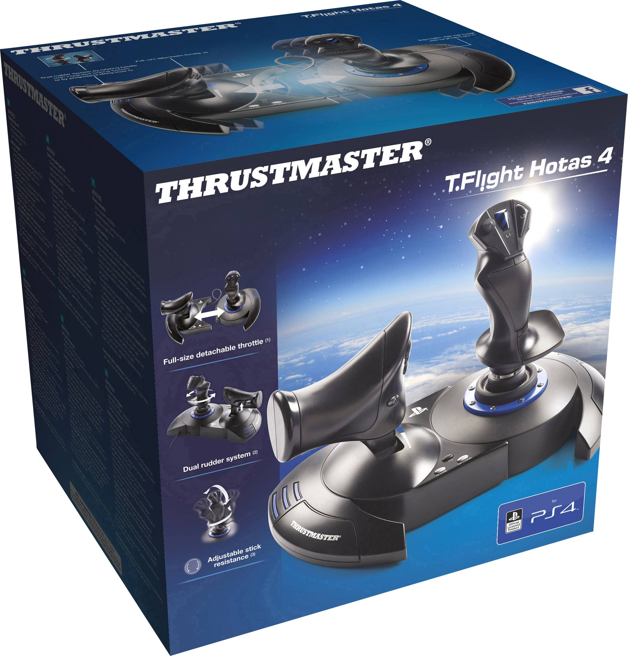 Confezione in cartone del Thrustmaster T.Flight Hotas 4, che mostra un sistema di joystick e leva di controllo per PlayStation 4.