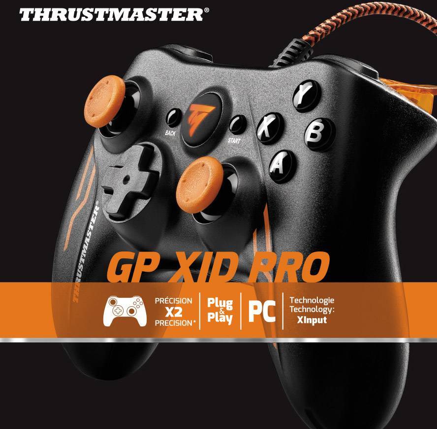 Un controller per videogiochi Thrustmaster nero con accenti arancioni, mostrato con le parole 'GP XID PRO', 'Plug & Play' e 'PC'.