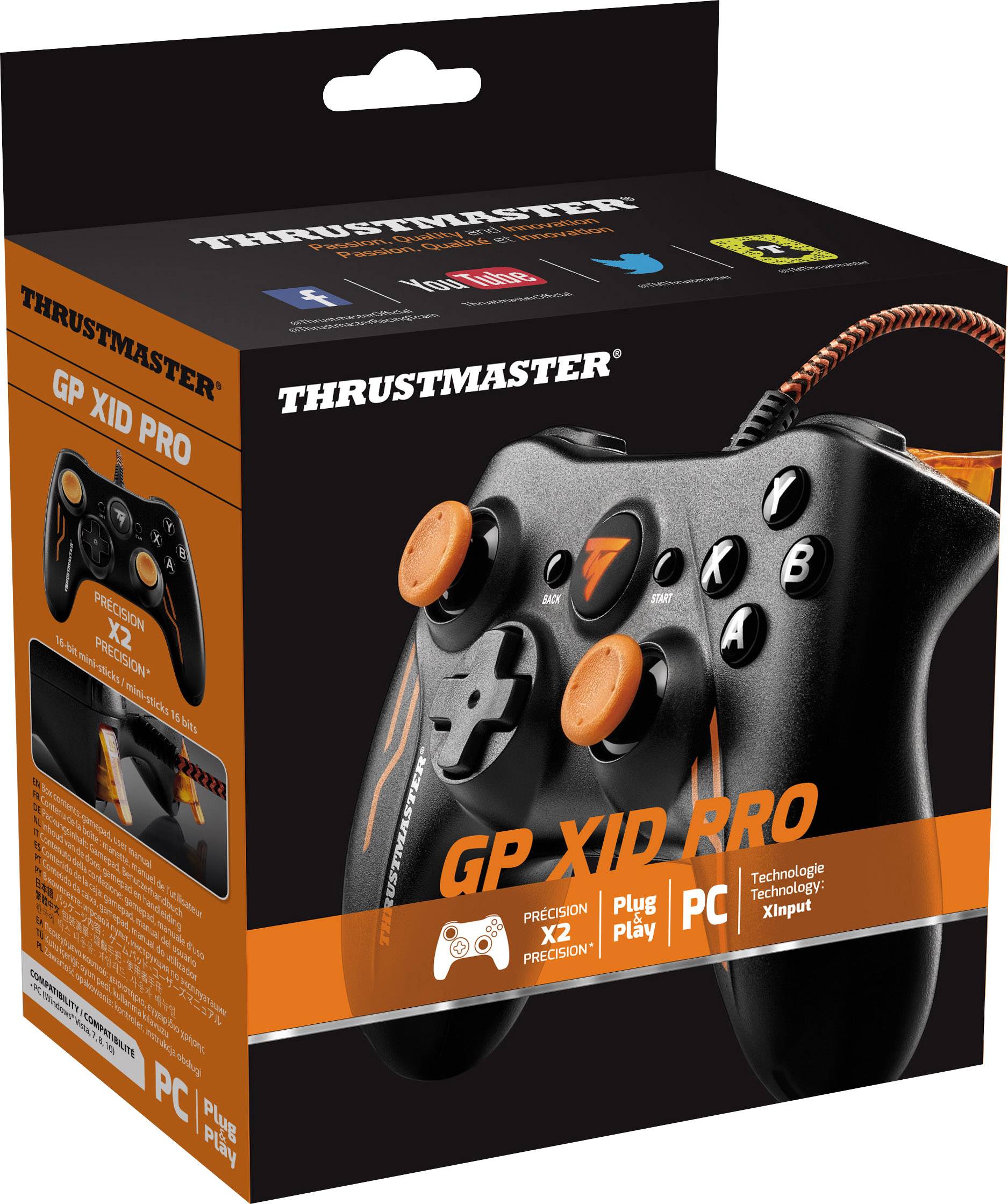 Controller Thrustmaster GP XID PRO nero in confezione, con accenti arancioni. Il testo informa sulla funzione plug-and-play.