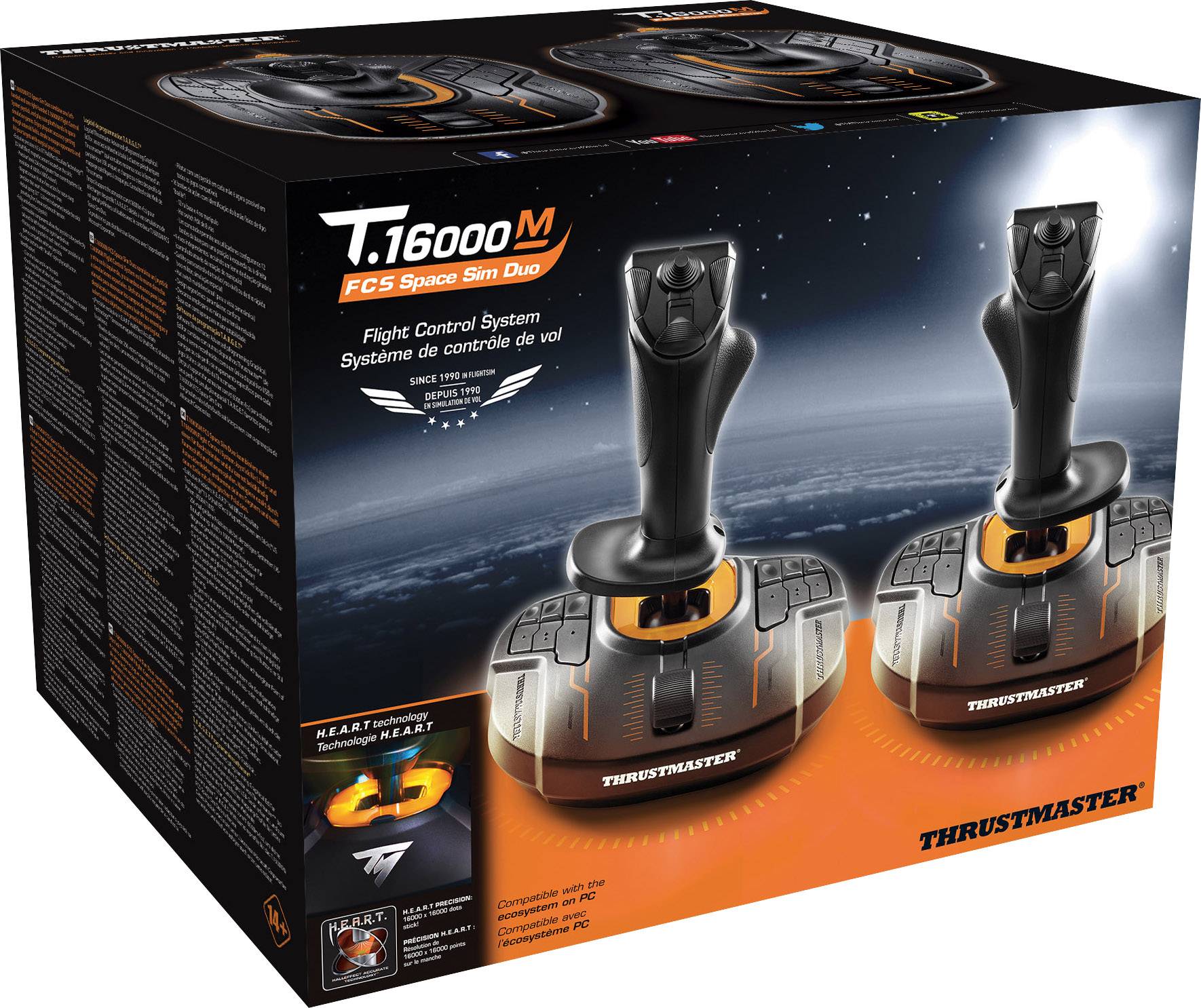 Due joystick Thrustmaster T.16000M FCS con design spaziale in una confezione, idonei per simulazioni di volo.