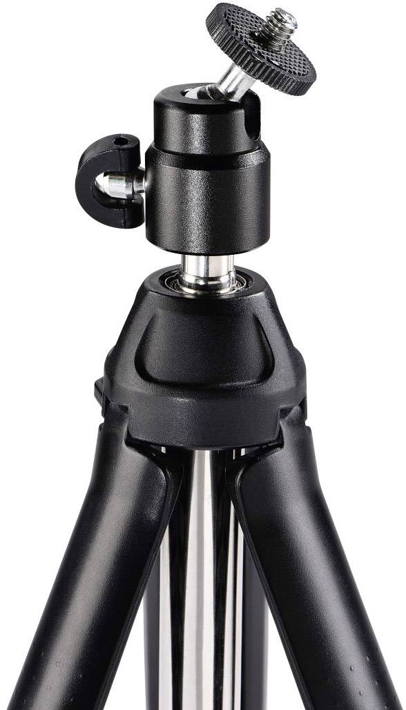 Un treppiede nero per fotocamera con testa regolabile e tre gambe, adatto per riprese fotografiche e video.