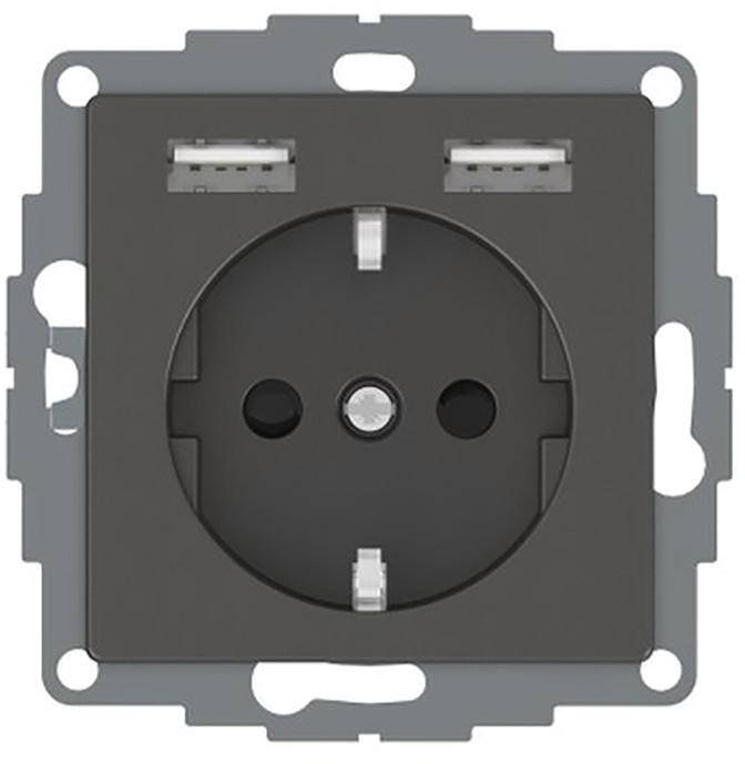 Una presa Schuko nera con due porte USB sopra, montata su una piastra grigia.