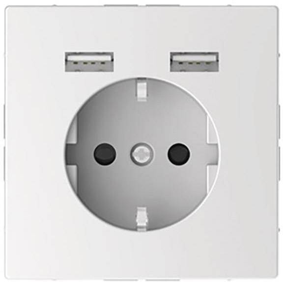 Presa elettrica bianca con due porte USB sulla parte superiore. Adatta per dispositivi elettrici e caricabatterie USB per interni.