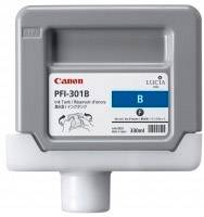 Una cartuccia di inchiostro grigia Canon PFI-301B con contrassegno di colore blu. Capacità: 330 ml. Compatibile con il sistema di inchiostro LUCIA.