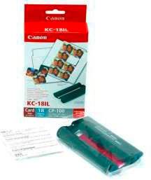 Kit di carta per stampante e nastro a colori Canon KC-18IL, raffigurato con confezione e accessori. Adatto per stampe fotografiche in formato carta.